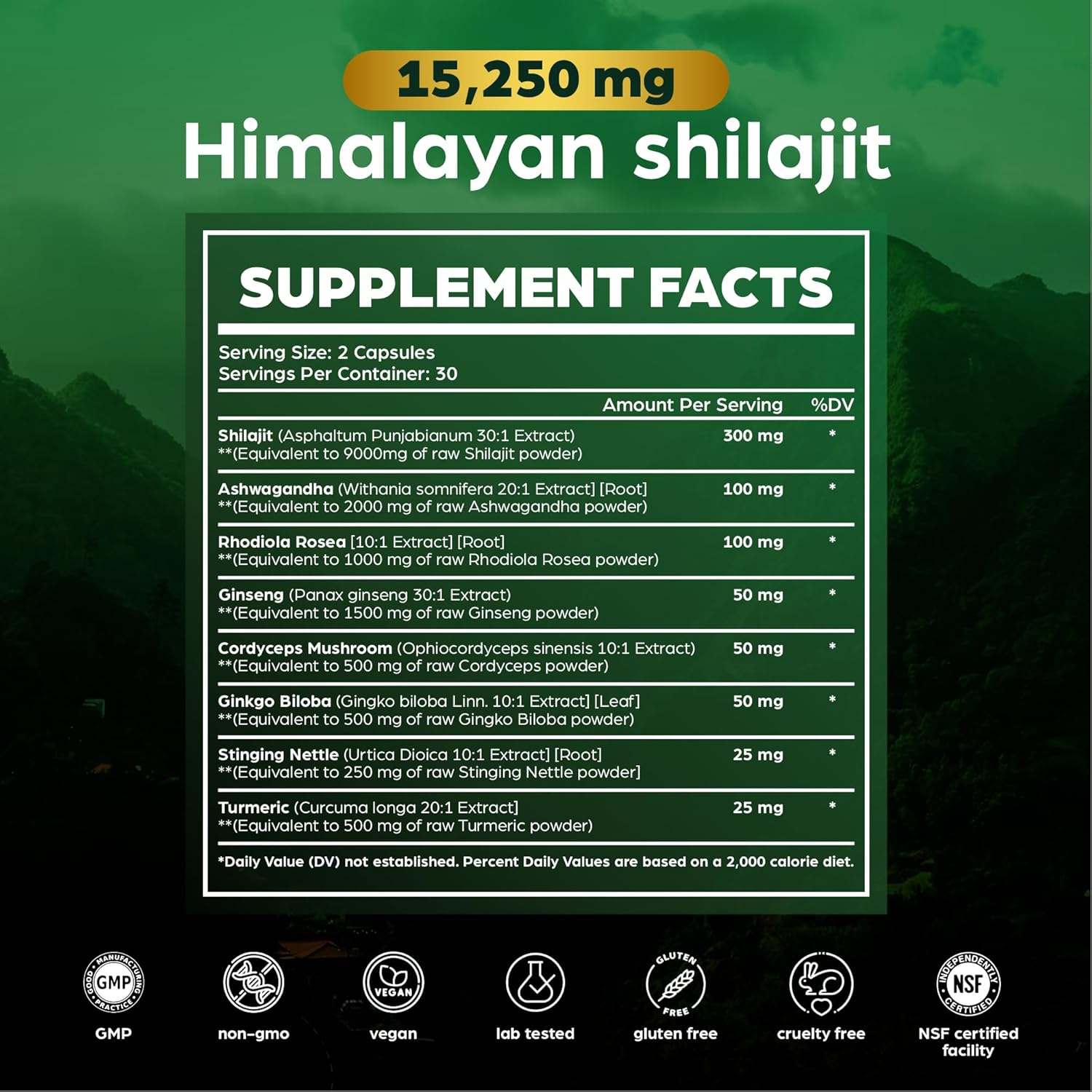 Premium Pure Himalayan Shilajit Capsules 15,250mg with Ashwagandha, Cordyceps, Turmeric, Ginseng, Gingko Biloba, Stinging Nettle - 60 Vegetarian Capsules for Men and Women