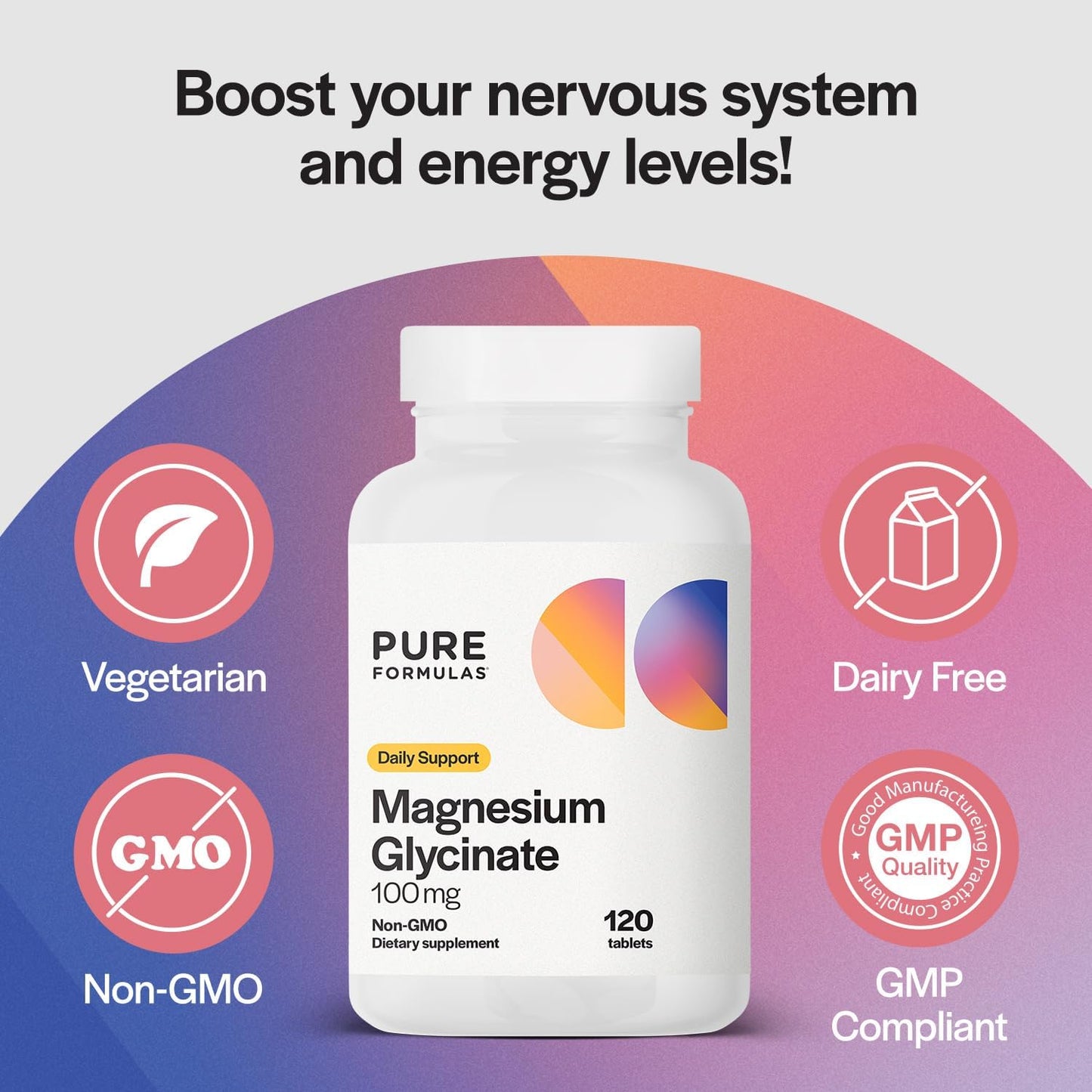 Premium PureFormulas Magnesium Glycinate 100mg Supplement - Supports Stress, Nerves, Sleep, Muscles, and Metabolism - Non-GMO, 120 Tablets for Women and Men