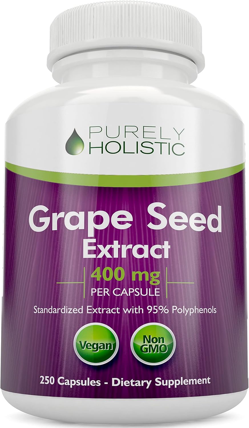 Premium Purely Holistic Grape Seed Extract 20,000mg - 250 Vegan Capsules - 8+ Month Supply - High Polyphenol Content - Maximum Strength Non-GMO Grapeseed Supplement