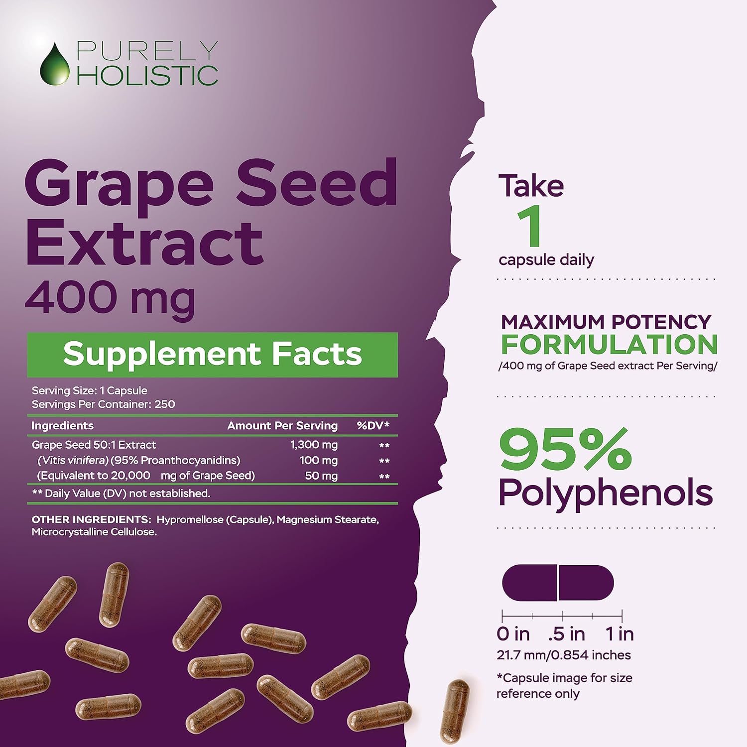 Premium Purely Holistic Grape Seed Extract 20,000mg - 250 Vegan Capsules - 8+ Month Supply - High Polyphenol Content - Maximum Strength Non-GMO Grapeseed Supplement