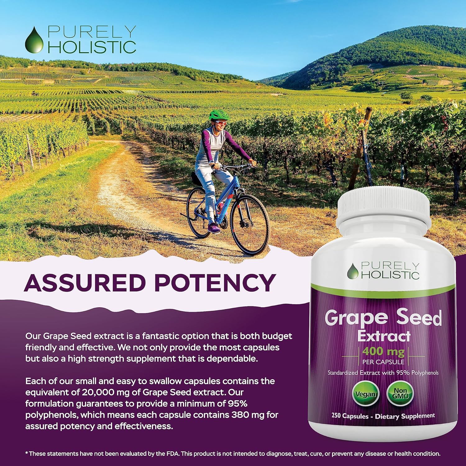 Premium Purely Holistic Grape Seed Extract 20,000mg - 250 Vegan Capsules - 8+ Month Supply - High Polyphenol Content - Maximum Strength Non-GMO Grapeseed Supplement