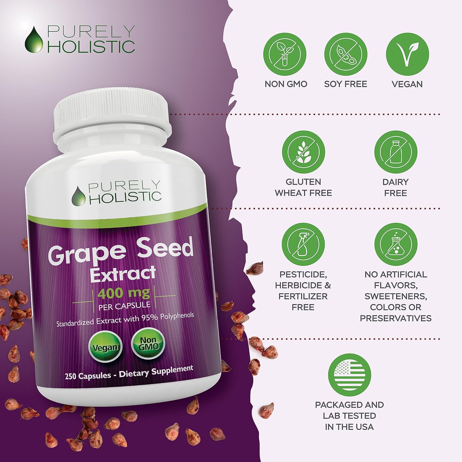 Premium Purely Holistic Grape Seed Extract 20,000mg - 250 Vegan Capsules - 8+ Month Supply - High Polyphenol Content - Maximum Strength Non-GMO Grapeseed Supplement