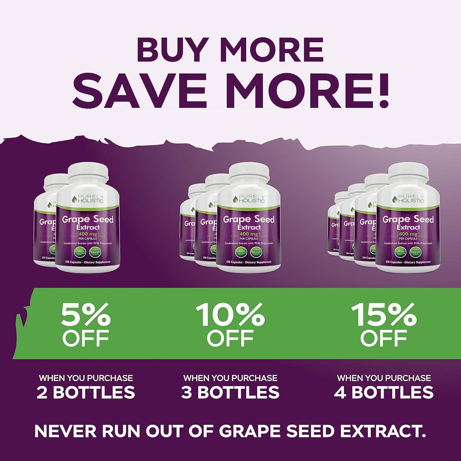 Premium Purely Holistic Grape Seed Extract 20,000mg - 250 Vegan Capsules - 8+ Month Supply - High Polyphenol Content - Maximum Strength Non-GMO Grapeseed Supplement