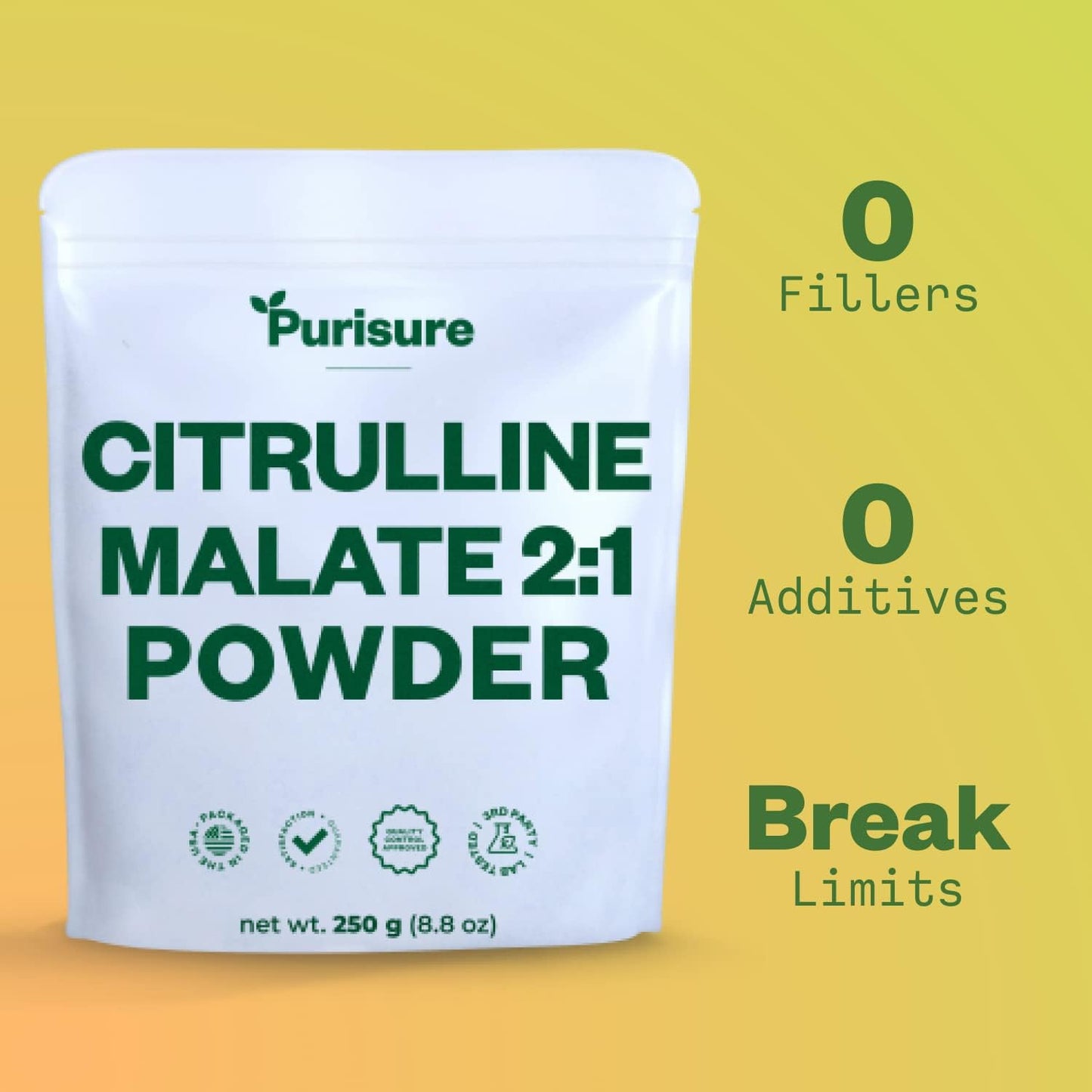 Premium Purisure L-Citrulline Malate Powder 250g - Boost Strength, Performance, Energy - Pre-Workout Supplement for Muscle Pumps and Recovery - 83 Servings