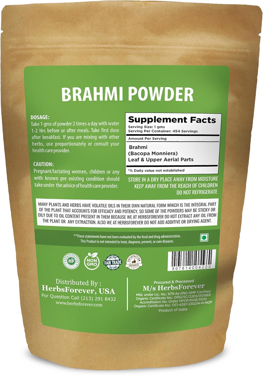 Premium Quality 100% Pure Bacopa Monnieri Powder - 454gms - Non-GMO, Vegan, Gluten-Free - Supports Wellness - Herbsforever