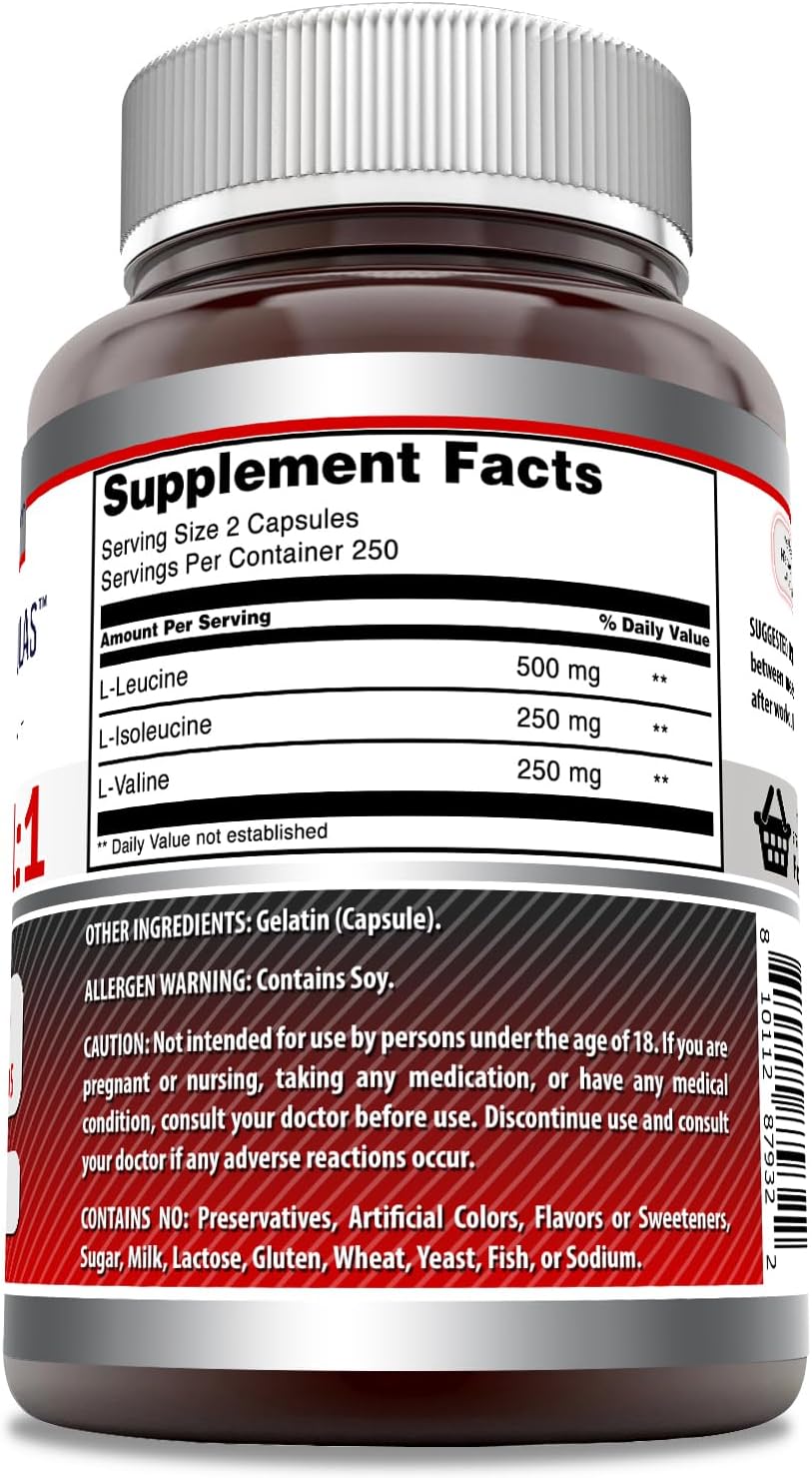 Premium Quality BCAA 2:1:1 Capsules - 1000mg Per Serving | Branched Chain Amino Acids Supplement | Non-GMO, Gluten-Free | Made in USA - 500 Count