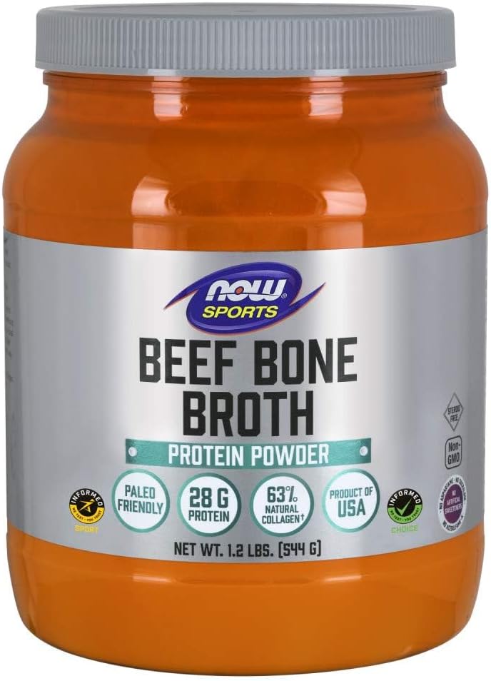 Premium-Quality Beef Bone Broth Powder by NOW Foods Sports Nutrition - 1.2-Pound Jar