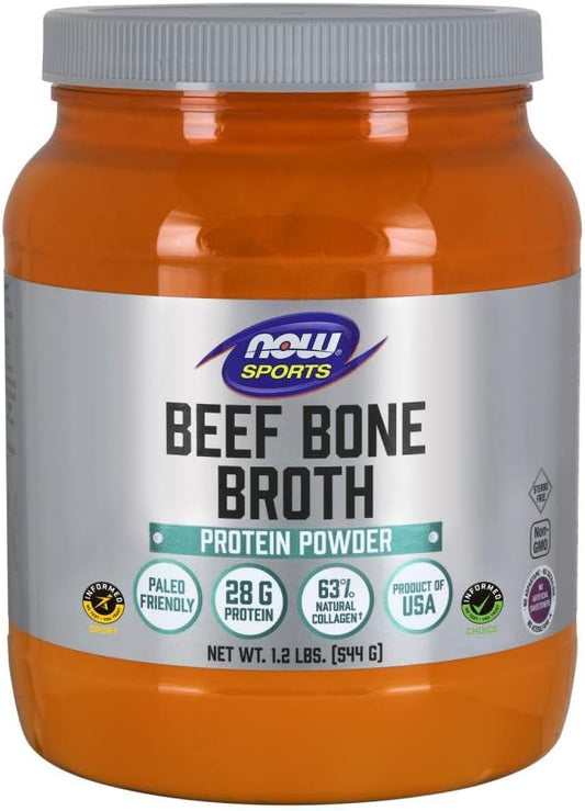 Premium-Quality Beef Bone Broth Powder by NOW Foods Sports Nutrition - 1.2-Pound Jar