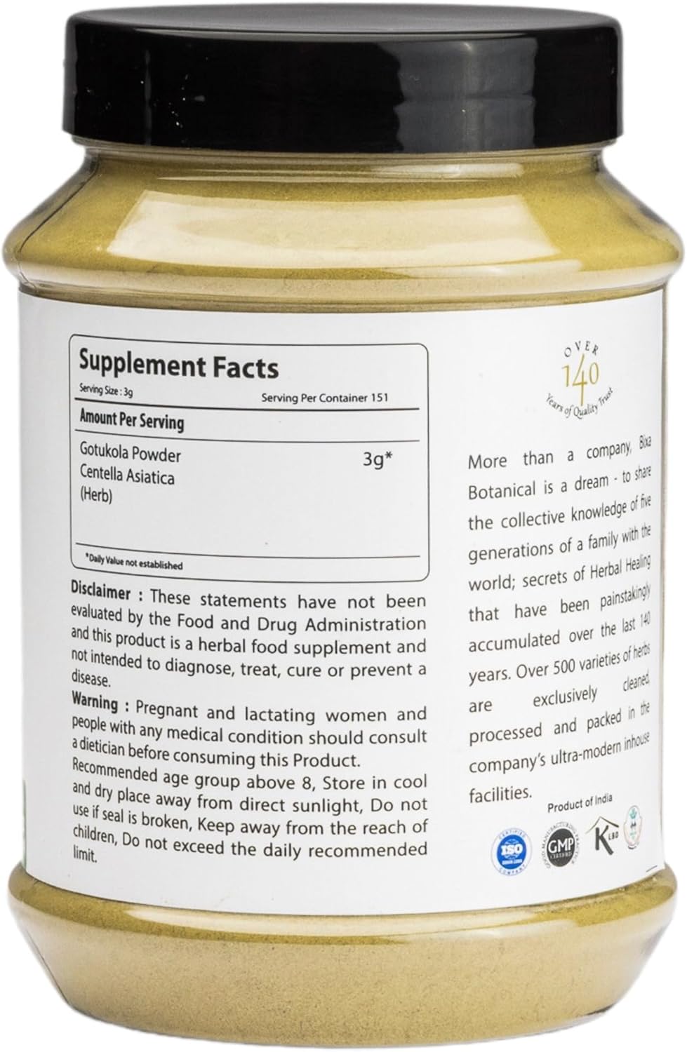 Premium Quality Bixa BOTANICAL Gotu Kola Powder Supplement - Authentic Ayurvedic Herbal Blend for Improved Overall Health - 16 Ounce Pack