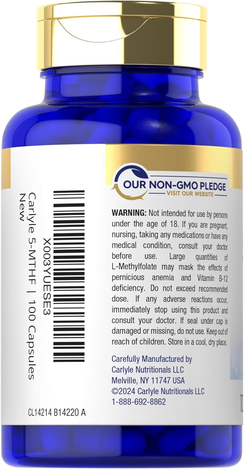 Premium Quality Carlyle L-Methylfolate 15mg Supplement | 100 Capsules | Non-GMO, Gluten Free