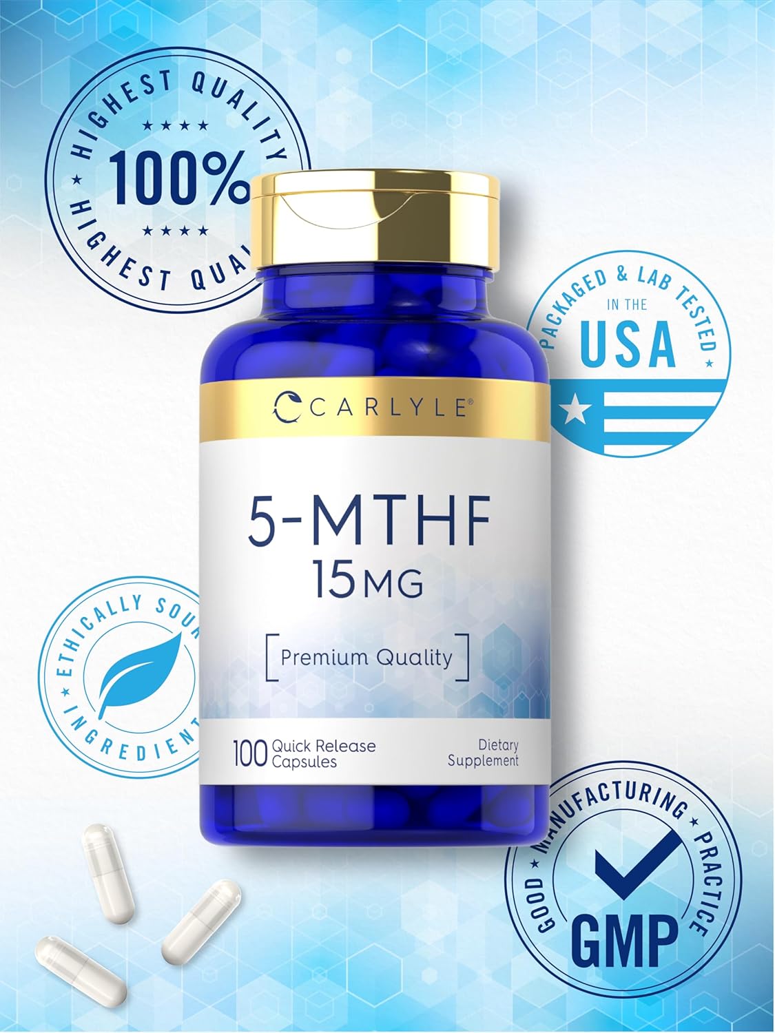 Premium Quality Carlyle L-Methylfolate 15mg Supplement | 100 Capsules | Non-GMO, Gluten Free