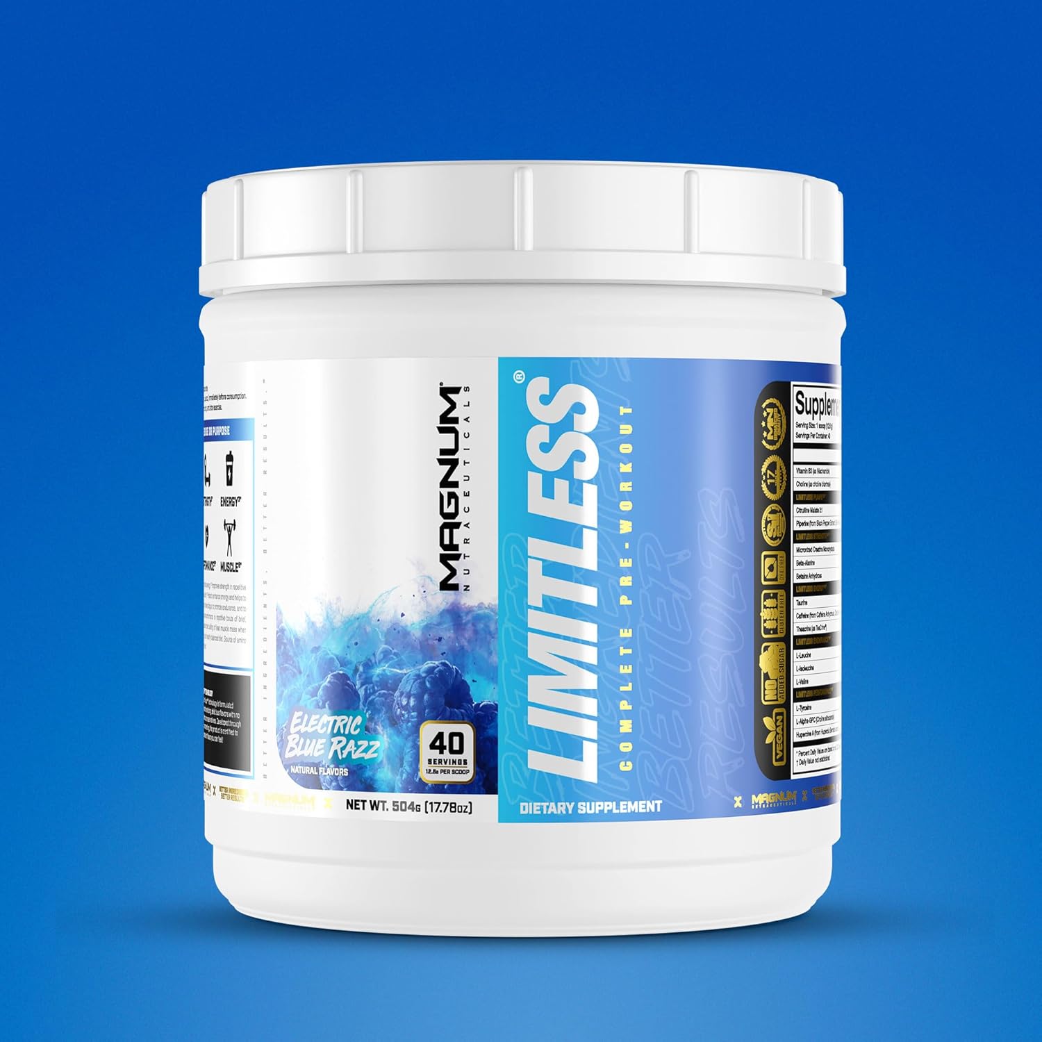 Premium Quality LIMITLESS Magnum Nutraceuticals Blue Raspberry/Fruit Punch Powder - Boosts Energy, Focus, and Endurance - 504g