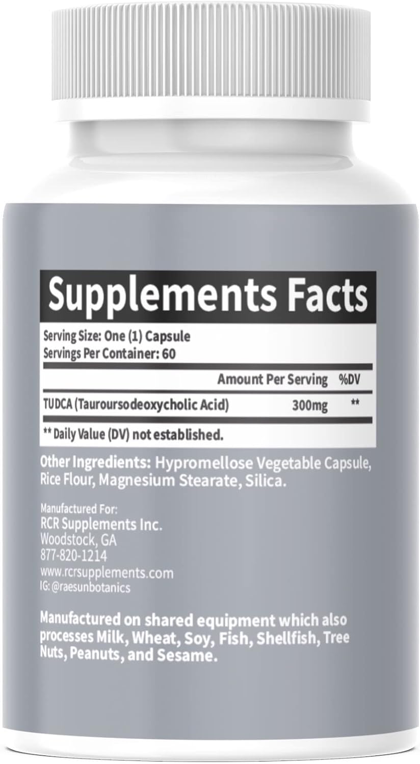 Premium Quality RaeSun Botanics TUDCA (Tauroursodeoxycholic Acid) 300mg Capsules - 60 Count for Maximum Liver Support - 3rd Party Tested