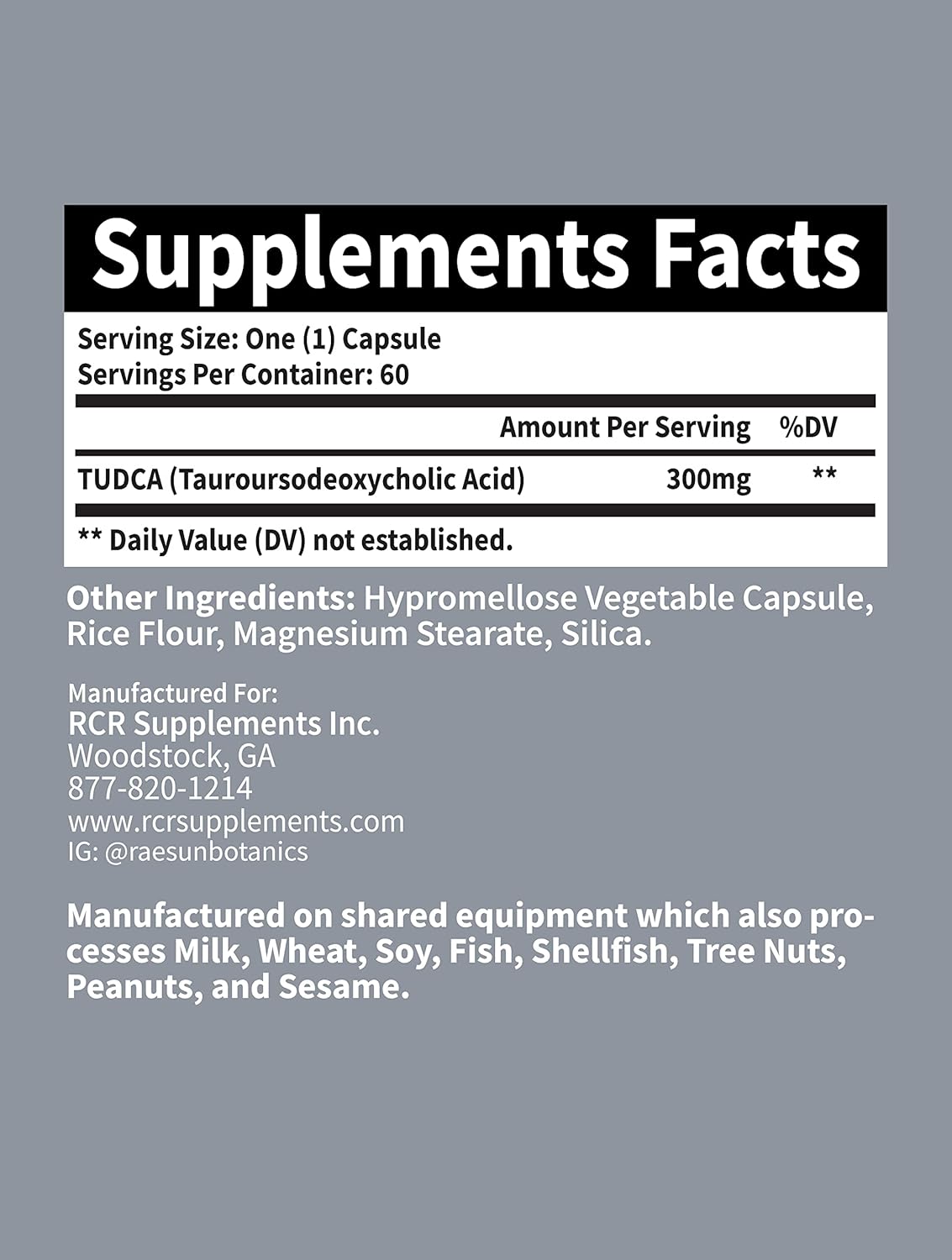 Premium Quality RaeSun Botanics TUDCA (Tauroursodeoxycholic Acid) 300mg Capsules - 60 Count for Maximum Liver Support - 3rd Party Tested