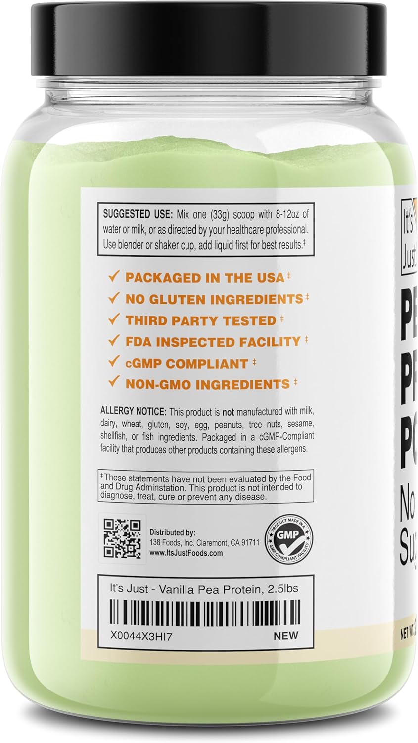 Premium Quality Vanilla Pea Protein Isolate - Plant Based, Gluten Free, Vegan, Keto Friendly - 2.5 Pound - Product of Canada - Packaged in USA