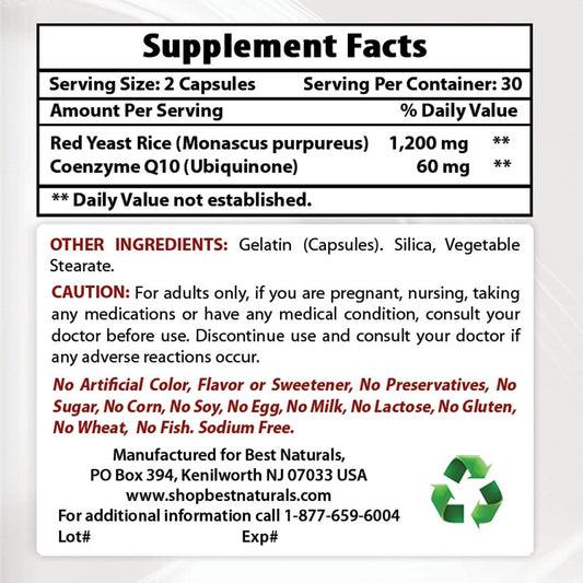 Premium Red Yeast Rice with COQ10, Turmeric Curcumin & Bioperine - 1500mg/Serving