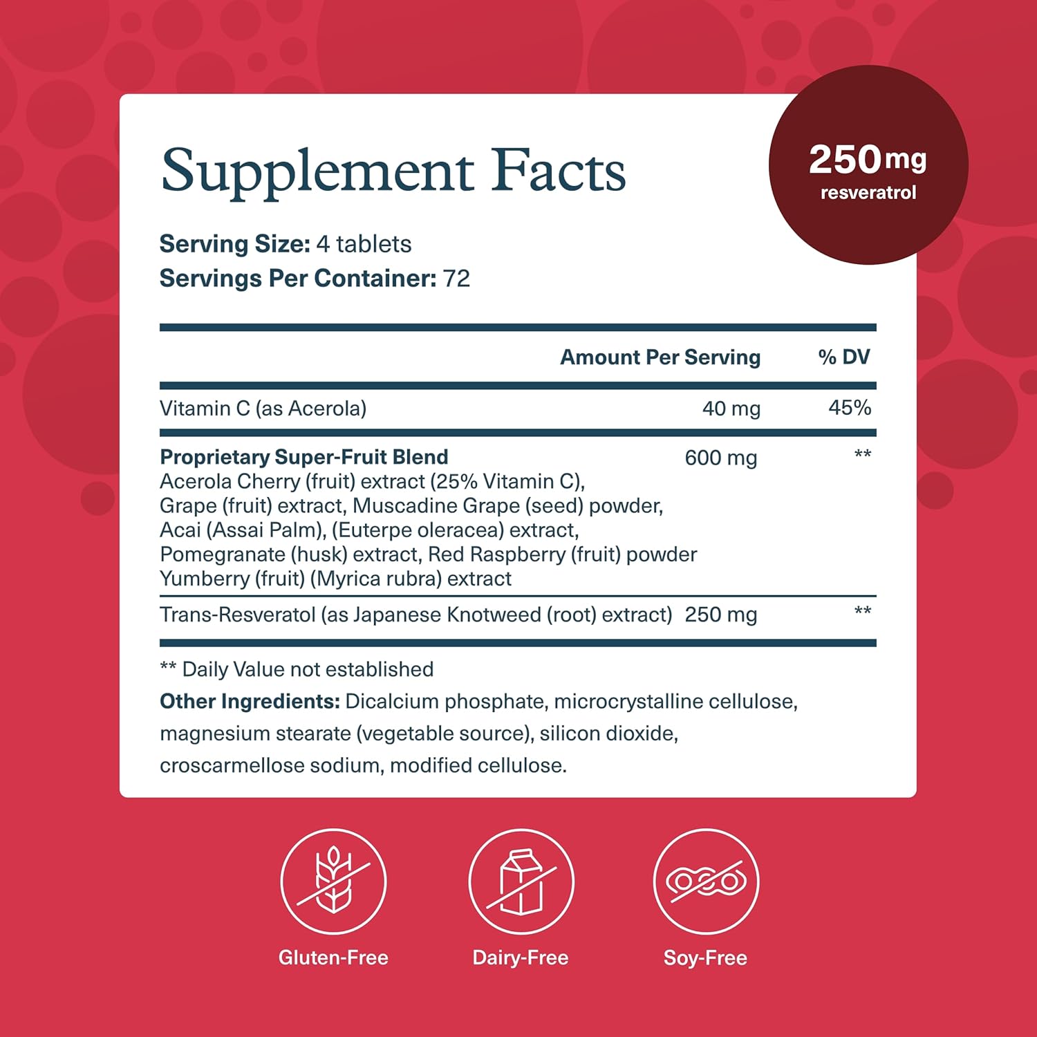 Premium Resveratrol Antioxidant Supplement with Super-Fruit Blend - Contains ResVida - 290 Tablets, Dairy, Soy & Gluten Free Formula by Youtheory