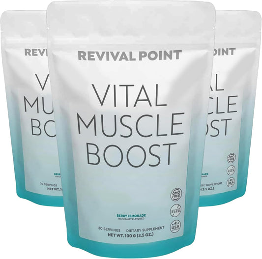 Premium Revival Point Vital Muscle Boost with myHMB and Vitamin D3 - Patented 3000mg HMB Powder Supplement for Healthy Muscles, Energy, and Strength - Supports Protein Synthesis for Active Life