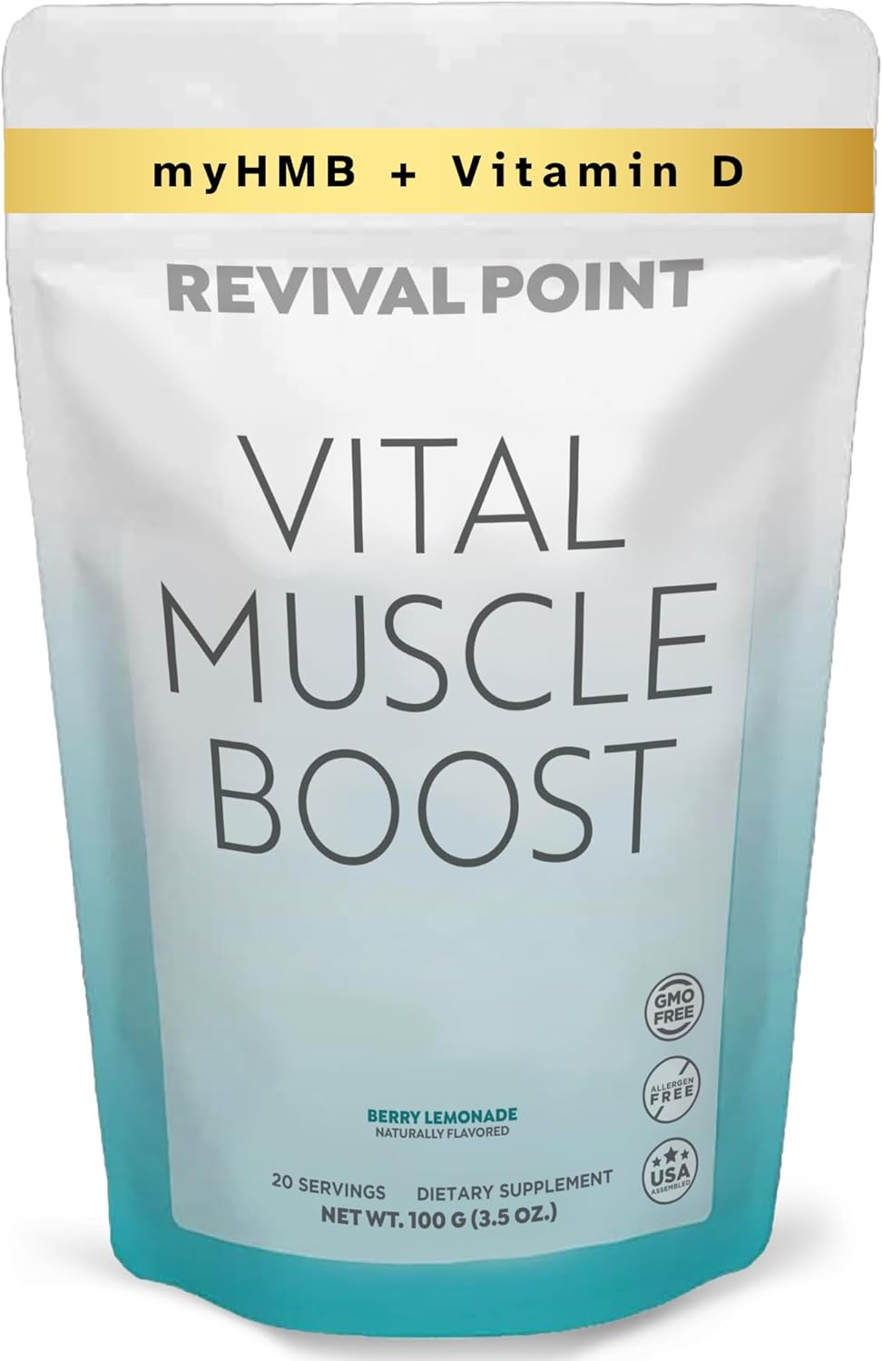 Premium Revival Point Vital Muscle Boost with myHMB and Vitamin D3 - Patented 3000mg HMB Powder Supplement for Healthy Muscles, Energy, and Strength - Supports Protein Synthesis for Active Life