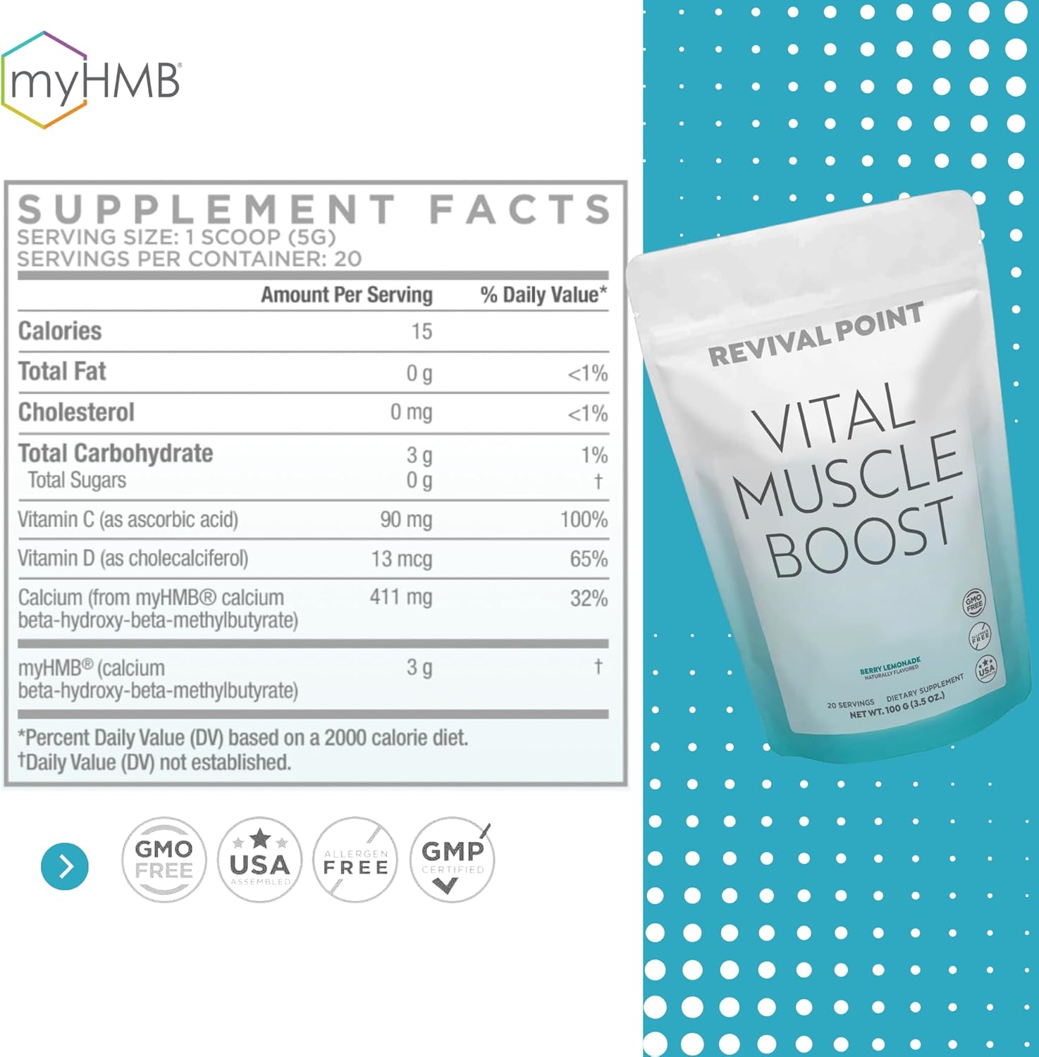 Premium Revival Point Vital Muscle Boost with myHMB and Vitamin D3 - Patented 3000mg HMB Powder Supplement for Healthy Muscles, Energy, and Strength - Supports Protein Synthesis for Active Life