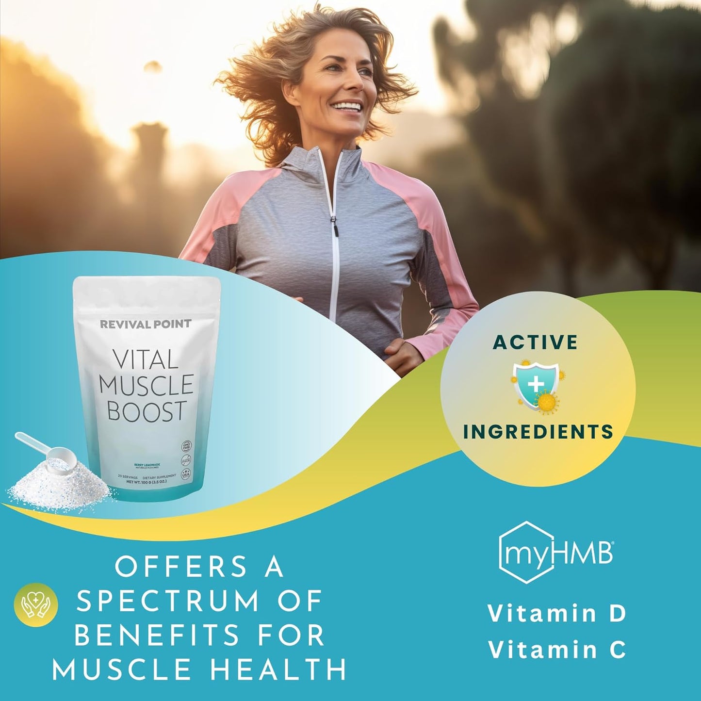 Premium Revival Point Vital Muscle Boost with myHMB and Vitamin D3 - Patented 3000mg HMB Powder Supplement for Healthy Muscles, Energy, and Strength - Supports Protein Synthesis for Active Life