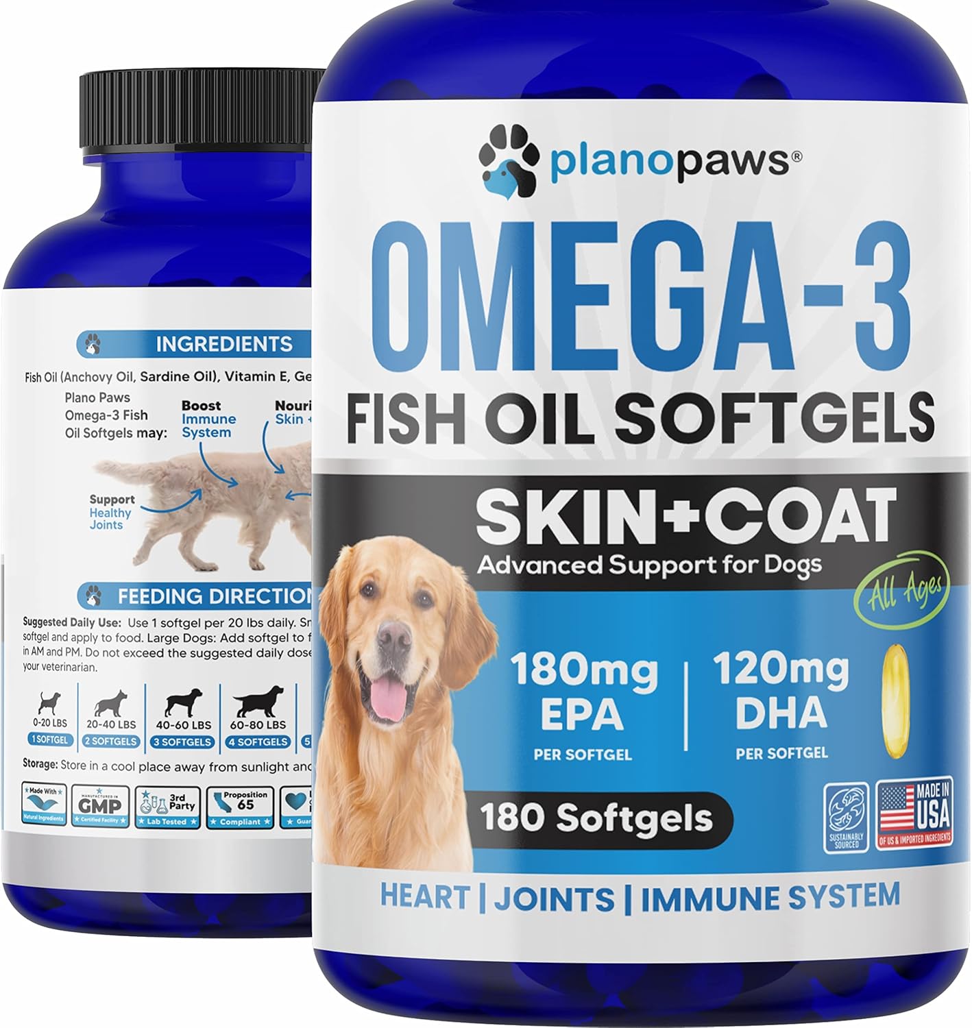 Premium Salmon Omega 3 Fish Oil Capsules for Dogs - Dog Supplement for Shedding, Allergies, Dry Skin & Joints - 180 Pills