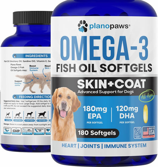 Premium Salmon Omega 3 Fish Oil Capsules for Dogs - Dog Supplement for Shedding, Allergies, Dry Skin & Joints - 180 Pills