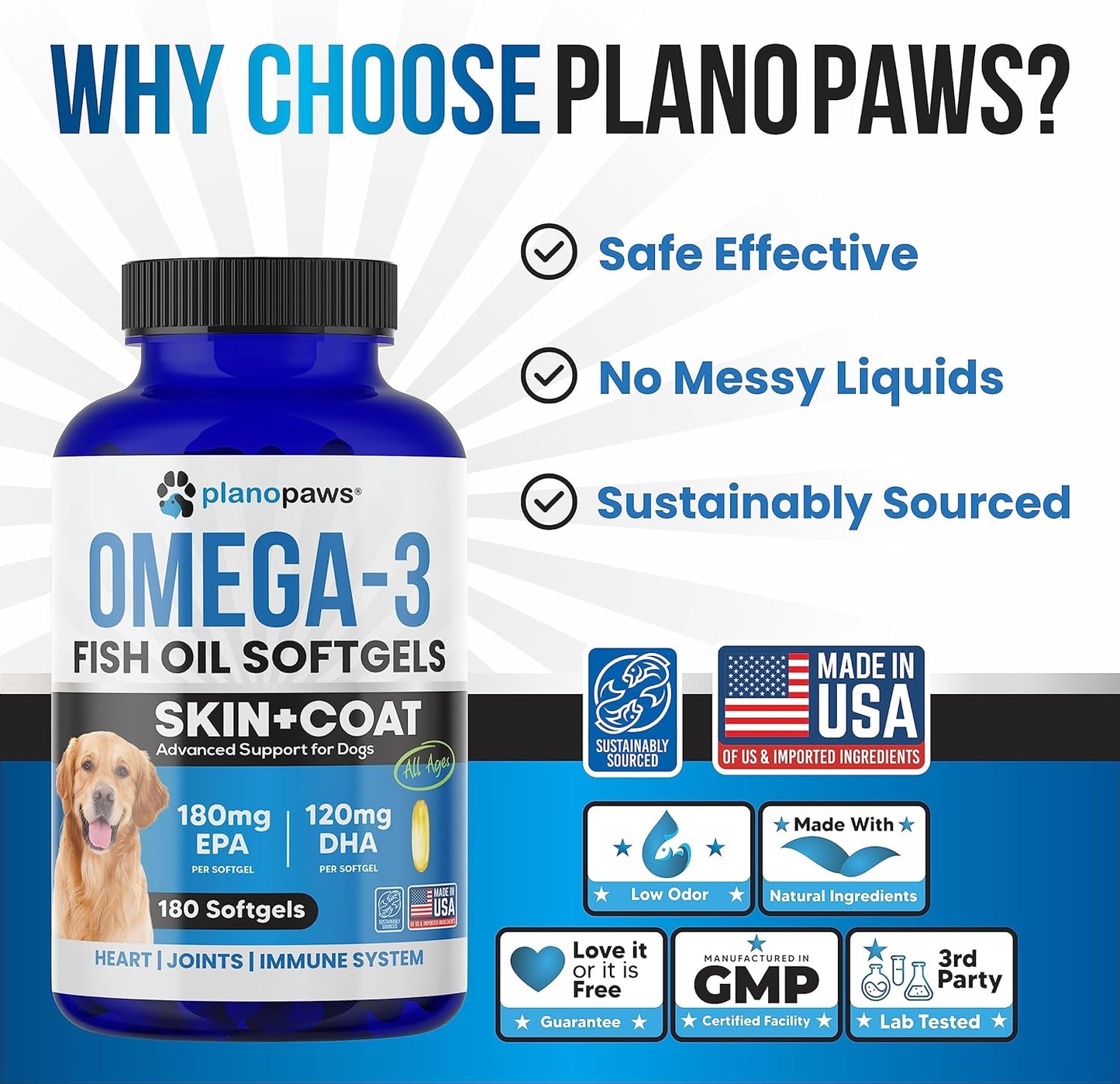 Premium Salmon Omega 3 Fish Oil Capsules for Dogs - Dog Supplement for Shedding, Allergies, Dry Skin & Joints - 180 Pills