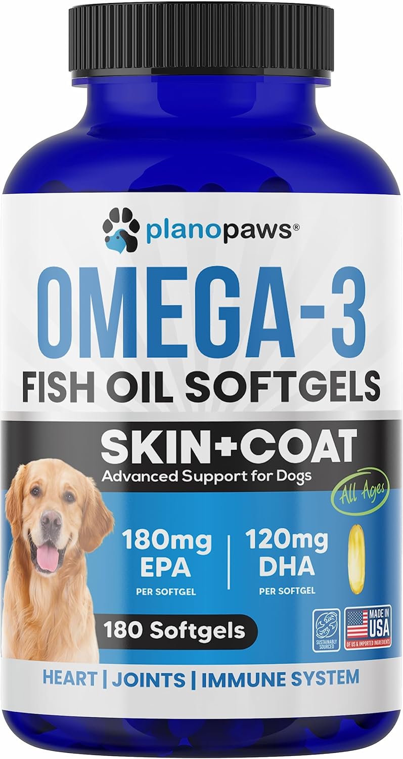 Premium Salmon Omega 3 Fish Oil Capsules for Dogs - Dog Supplement for Shedding, Allergies, Dry Skin & Joints - 180 Pills
