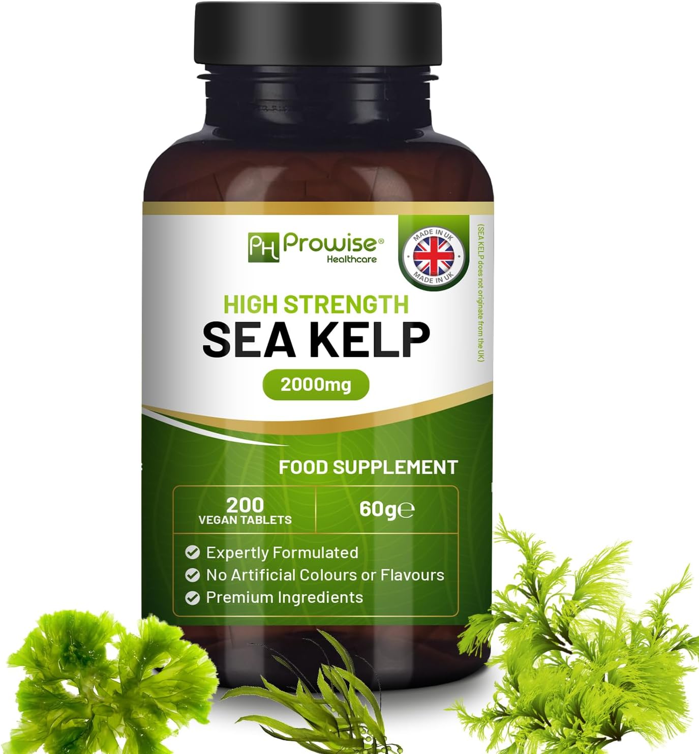 Premium Sea Kelp 2000mg Vegan Tablets - Natural Iodine Source - 200 Tablets - Made in UK by Prowise