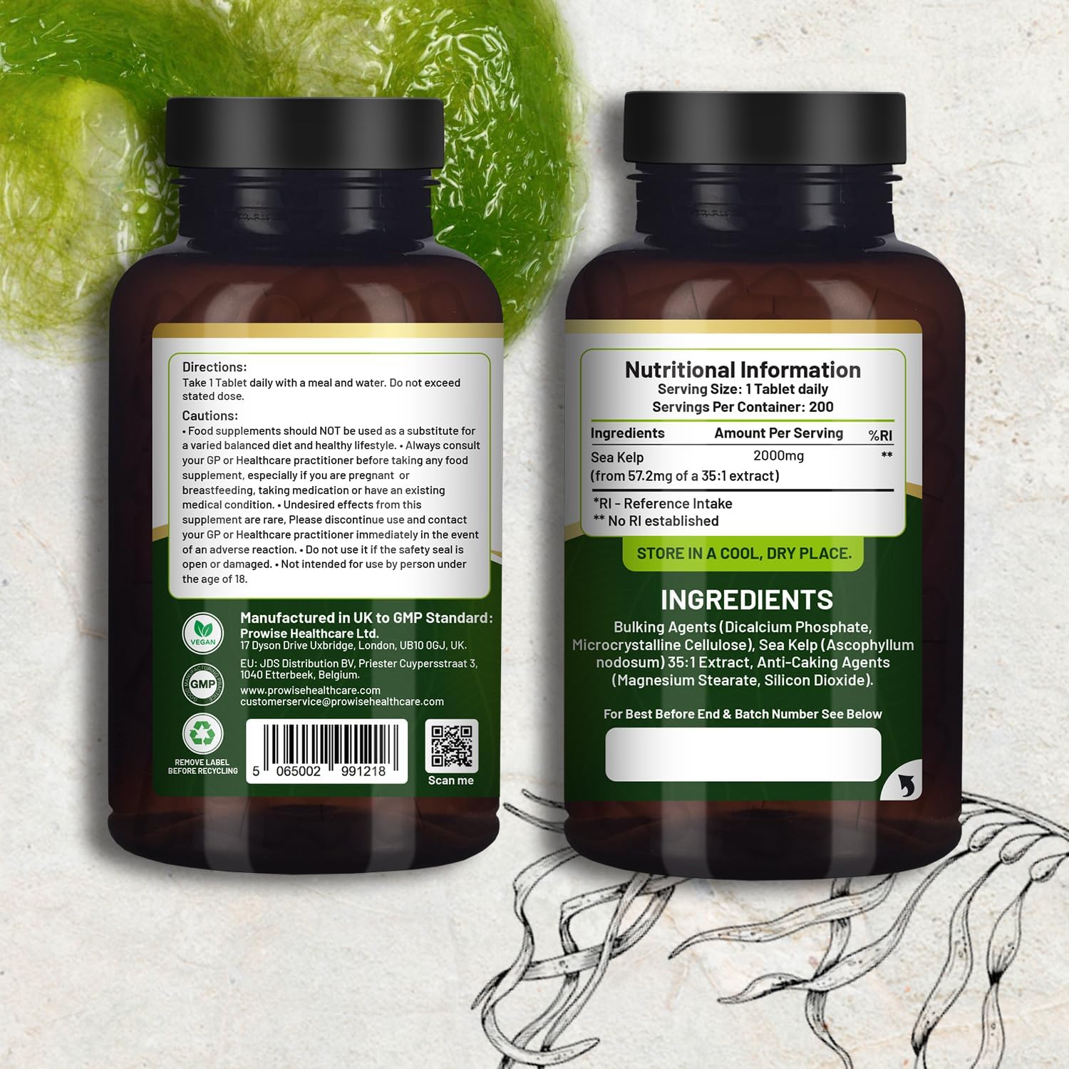 Premium Sea Kelp 2000mg Vegan Tablets - Natural Iodine Source - 200 Tablets - Made in UK by Prowise