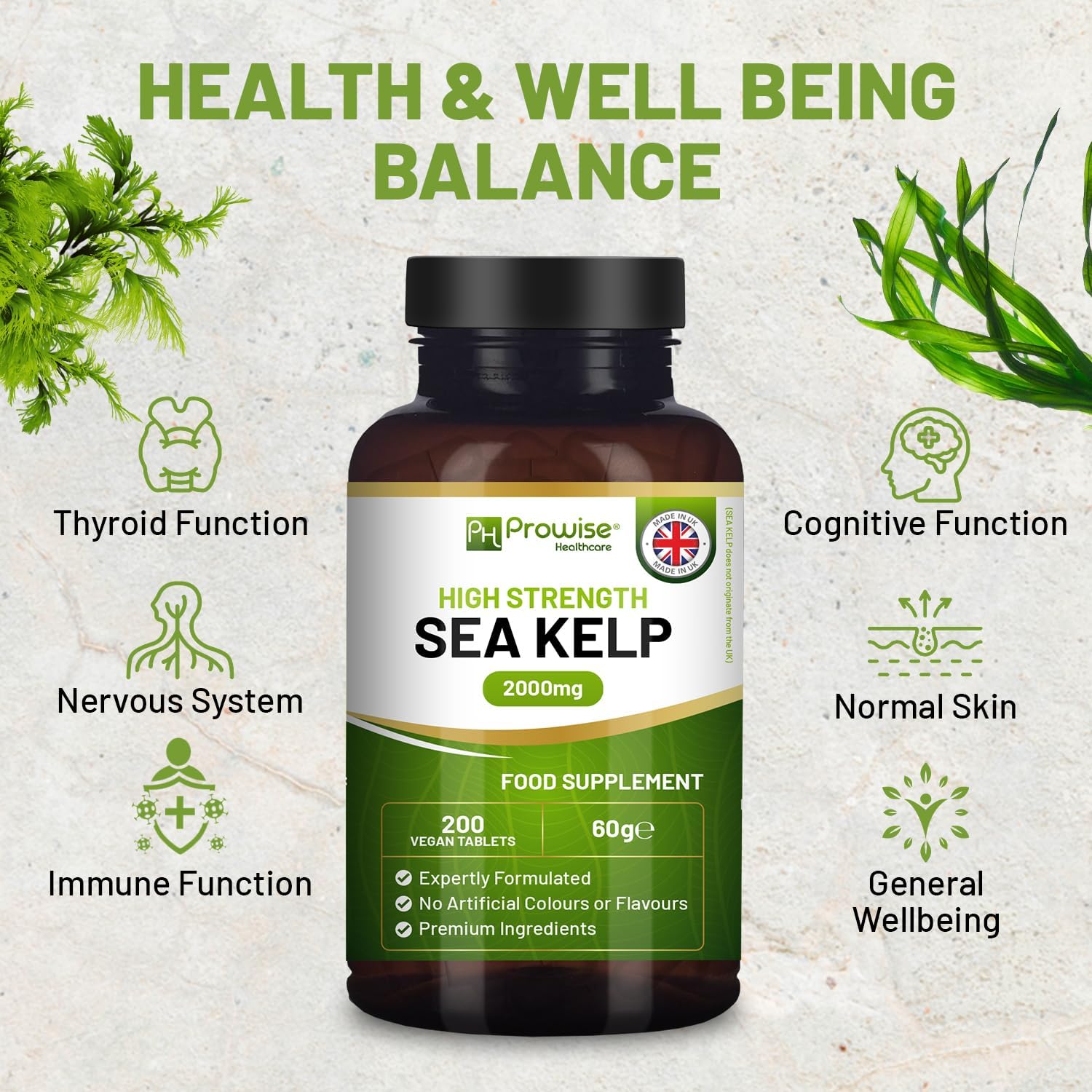 Premium Sea Kelp 2000mg Vegan Tablets - Natural Iodine Source - 200 Tablets - Made in UK by Prowise