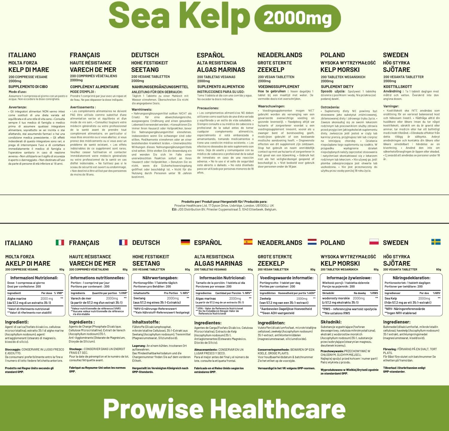 Premium Sea Kelp 2000mg Vegan Tablets - Natural Iodine Source - 200 Tablets - Made in UK by Prowise