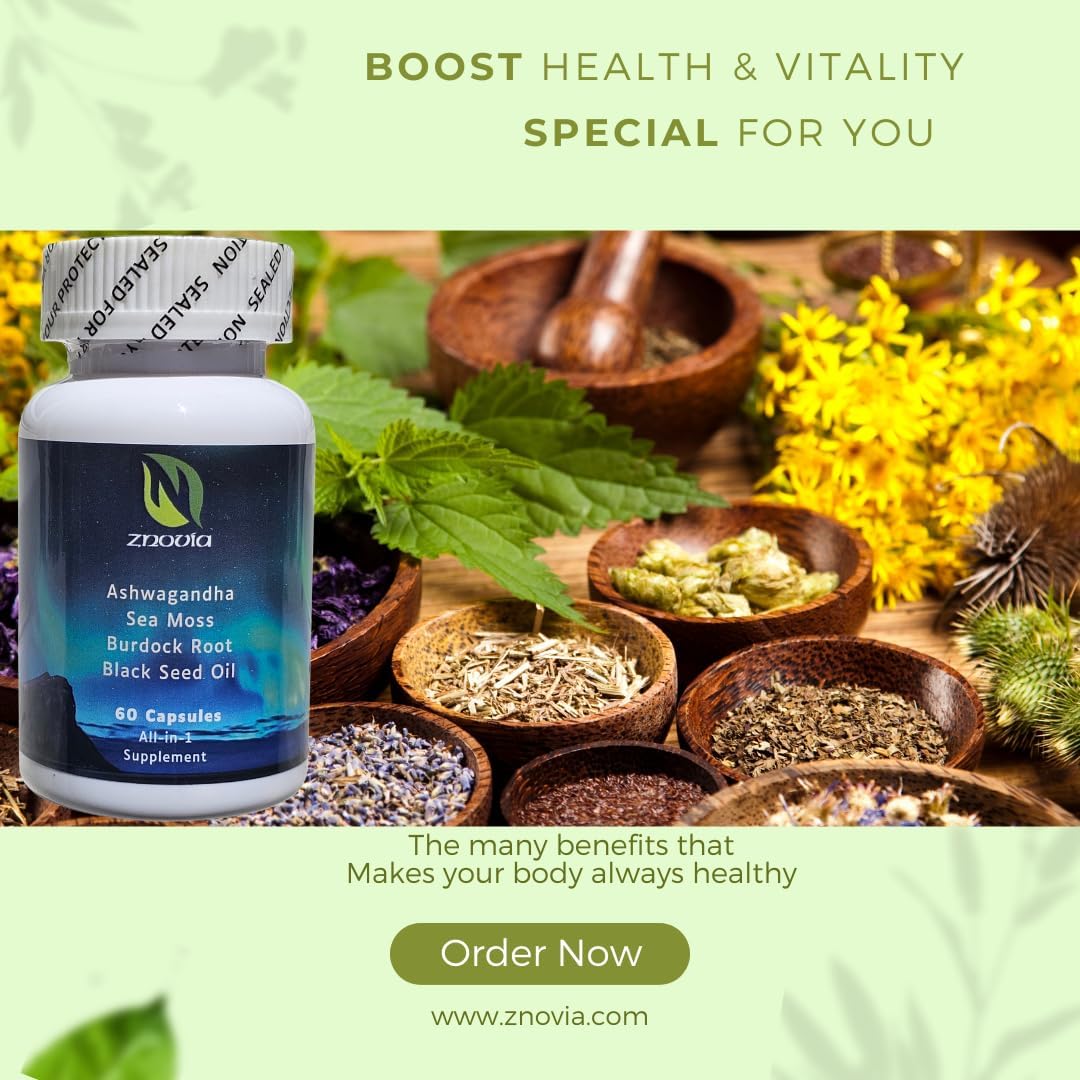 Premium Sea Moss and Ashwagandha Supplement with Turmeric, Black Seed, Elderberry, and Vitamin C - 60 Capsules, All-in-One Immune Support Formula