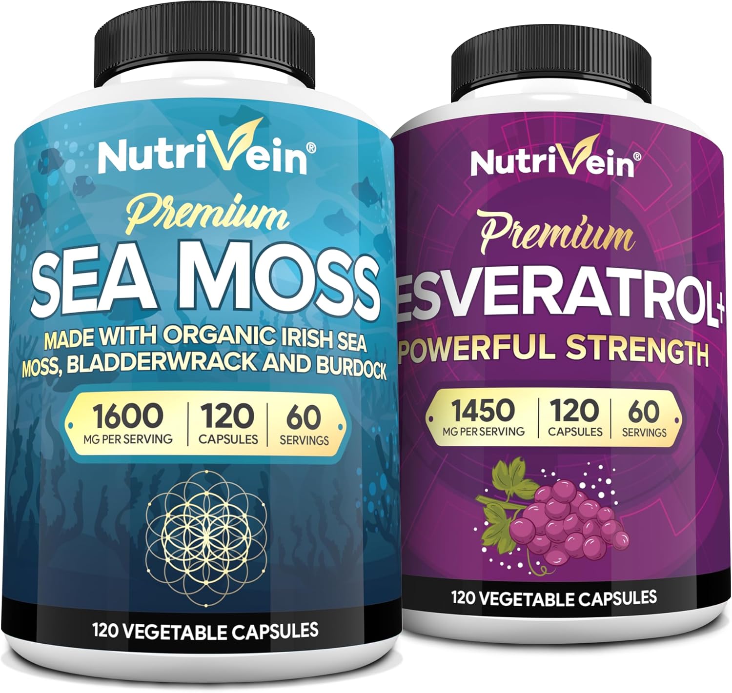 Premium Sea Moss and Resveratrol Capsules Bundle for Digestion, Vitality, & Repair: High-Absorption Supplement for Overall Wellness