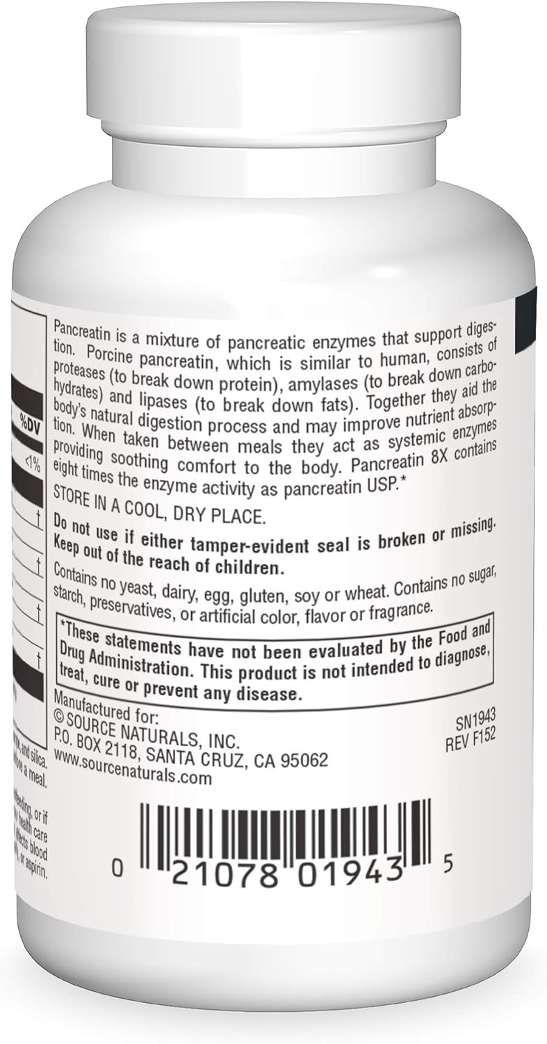 Premium Source Naturals Pancreatin 8X 500mg Dietary Supplement - 50 Capsules