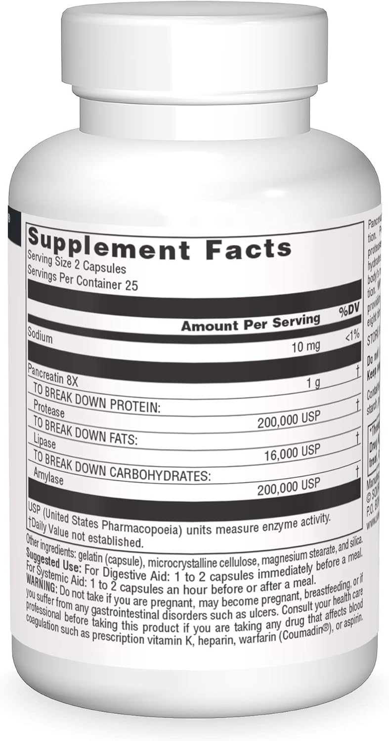 Premium Source Naturals Pancreatin 8X 500mg Dietary Supplement - 50 Capsules