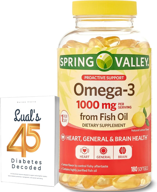 Premium Spring Valley Omega-3 Fish Oil Supplement with 1000 mg 180 Soft Gels - Rich in Omega-3 Fatty Acids - Includes Lual's 45 Diabetes Decoded