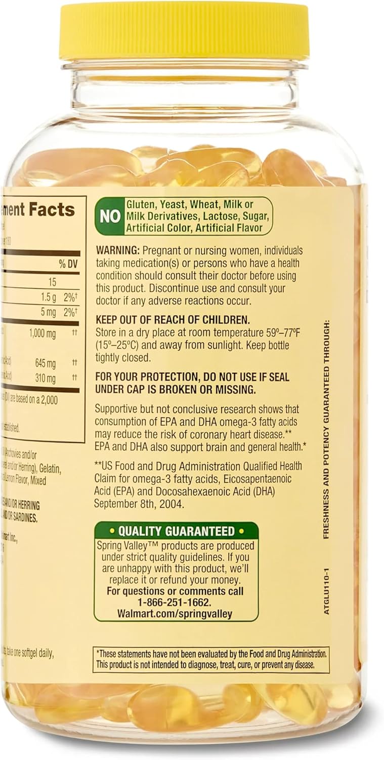 Premium Spring Valley Omega-3 Fish Oil Supplement with 1000 mg 180 Soft Gels - Rich in Omega-3 Fatty Acids - Includes Lual's 45 Diabetes Decoded