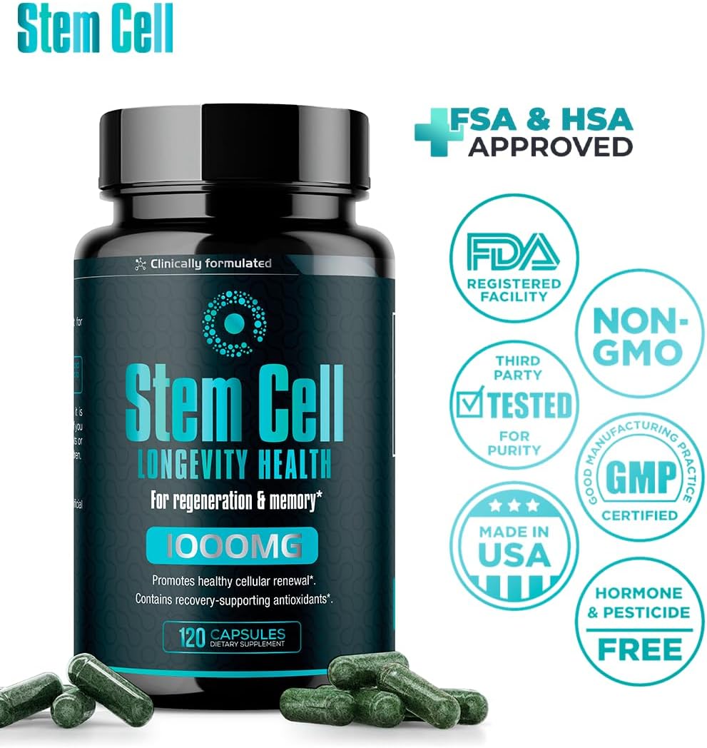 Premium Stem Cell Supplements 1,000mg (360 Caps) for Immunity Boost, Joint Support, Anti-Aging, and Vitality - Spirulina & Chlorella Formula