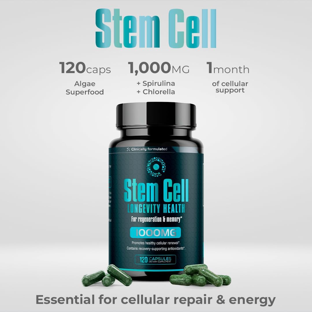 Premium Stem Cell Supplements 1,000mg (360 Caps) for Immunity Boost, Joint Support, Anti-Aging, and Vitality - Spirulina & Chlorella Formula