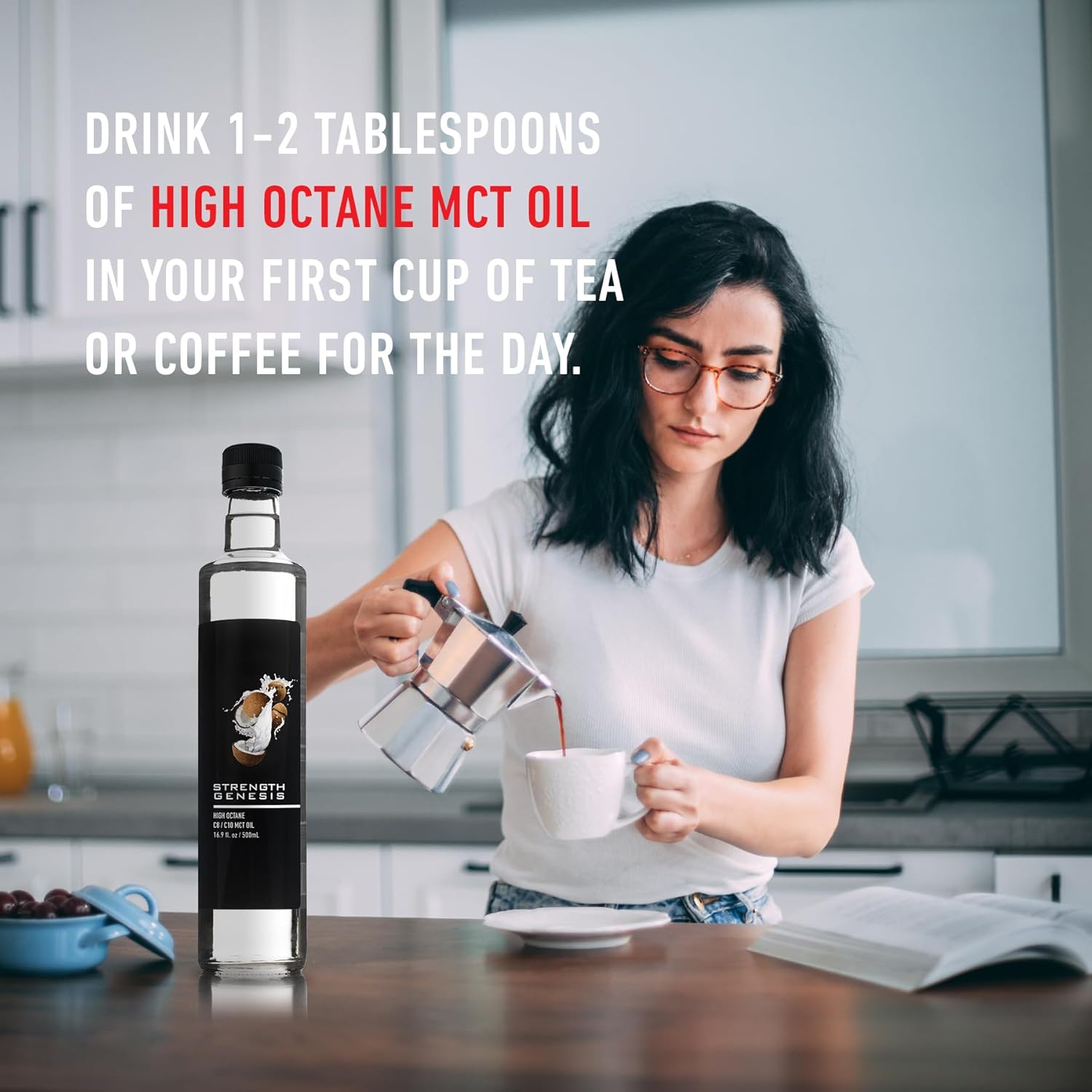 Premium Strength Genesis MCT Oil: High Octane C8 C10 Blend in BPA-Free Glass Bottle - Ideal for Keto Coffee, Tea, Smoothies - 60% C8 40% C10 Pure Coconut Oil from Non-GMO, Gluten-Free Coconuts