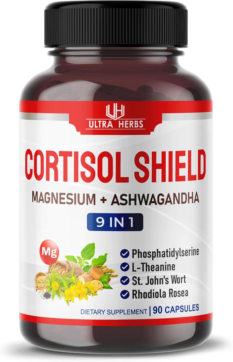 Premium Stress Relief Supplement with 9 Powerful Ingredients - Magnesium, Ashwagandha, Phosphatidylserine, L-Theanine, St. John's Wort, Rhodiola Rosea - 90 Capsules - Made in USA
