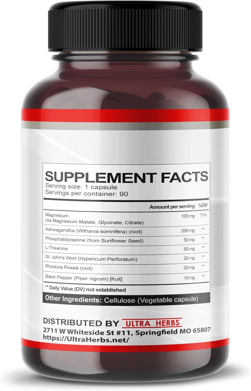 Premium Stress Relief Supplement with 9 Powerful Ingredients - Magnesium, Ashwagandha, Phosphatidylserine, L-Theanine, St. John's Wort, Rhodiola Rosea - 90 Capsules - Made in USA