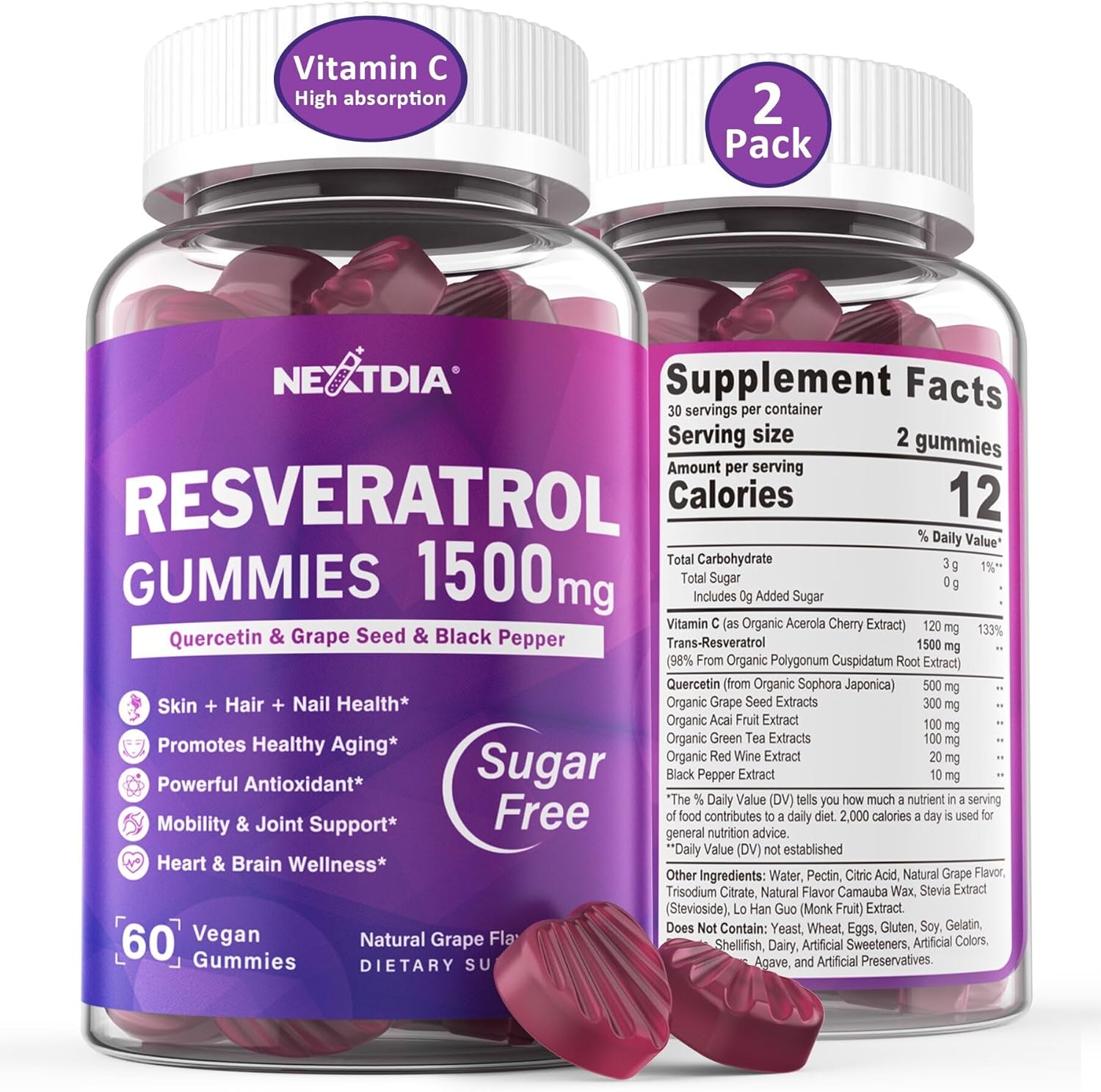 Premium Sugar-Free Resveratrol Gummies 1500mg with Quercetin, Grape Seed, Acai - Antioxidant Support for Healthy Aging, Skin, Joints, Brain - 2Pack