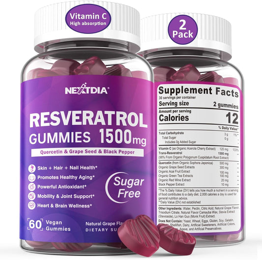 Premium Sugar-Free Resveratrol Gummies 1500mg with Quercetin, Grape Seed, Acai - Antioxidant Support for Healthy Aging, Skin, Joints, Brain - 2Pack