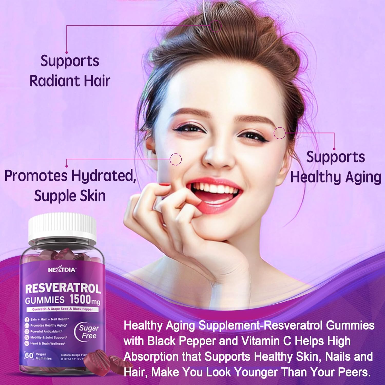 Premium Sugar-Free Resveratrol Gummies 1500mg with Quercetin, Grape Seed, Acai - Antioxidant Support for Healthy Aging, Skin, Joints, Brain - 2Pack