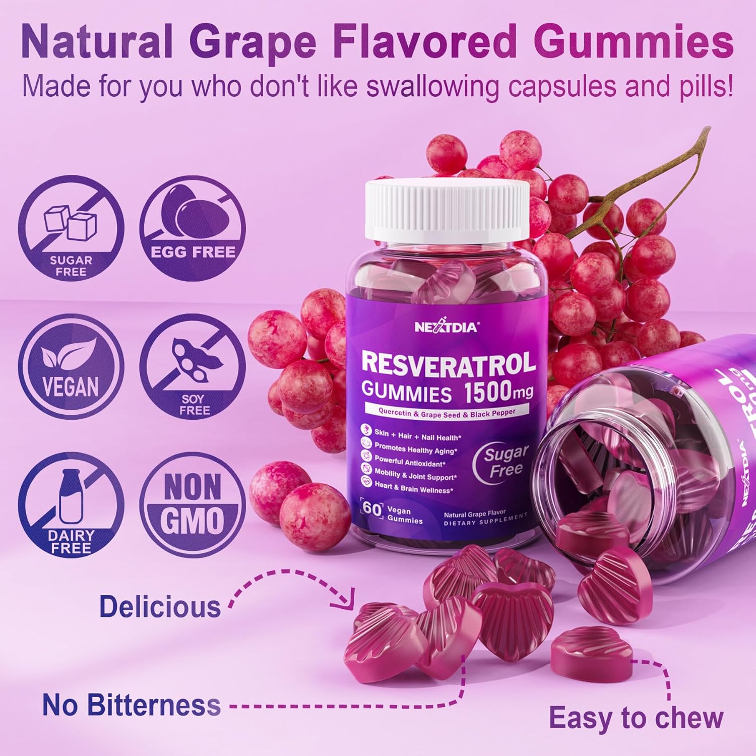 Premium Sugar-Free Resveratrol Gummies 1500mg with Quercetin, Grape Seed, Acai - Antioxidant Support for Healthy Aging, Skin, Joints, Brain - 2Pack