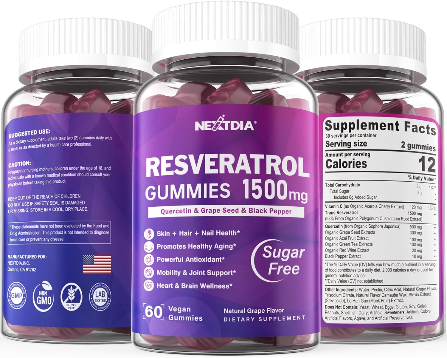 Premium Sugar-Free Resveratrol Gummies 1500mg with Quercetin, Grape Seed, Acai - Antioxidant Support for Healthy Aging, Skin, Joints, Brain - 2Pack