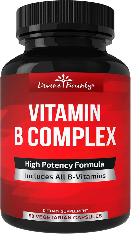 Premium Super B Complex Vitamins with B12, B1, B2, B3, B5, B6, B7, B9, Folic Acid - 90 Vegetarian Capsules - Energy Metabolism Support